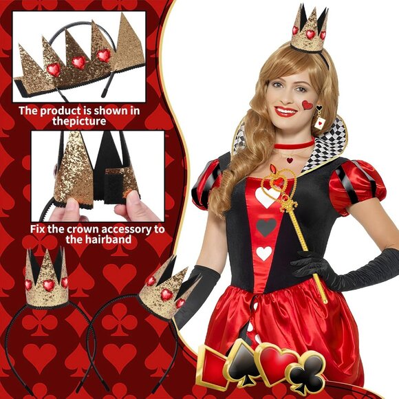 Queen of Hearts Costume Set for Women Red and Black Includes Cloak Crown - Picture 5 of 7
